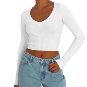 V-neck Y2K Knit Shirt Fitness Slim Crop Top Women Shirt Sweater