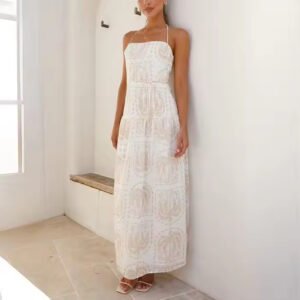 Women's Brown Hawaii Print Halter Dress with Belt