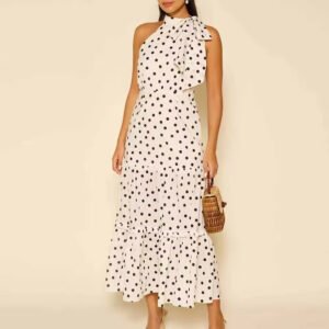 Casual Polka Dot Print Bow Neck Sleeveless Ruffle Midi Dress