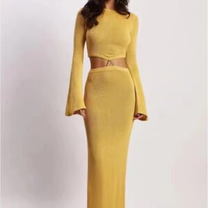 Lady Elegant Skirt Women's Knit Tops Flare Sleeved Long Skirt 2 Piece Suit
